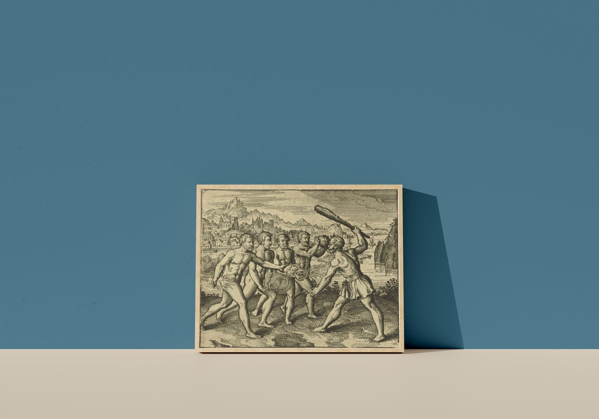 Framed art print of Atalanta Fugiens, Emblem 19: If You Kill One of the Four, Suddenly All Will… by Michael Maier, in a light wood frame leaning on a blue wall