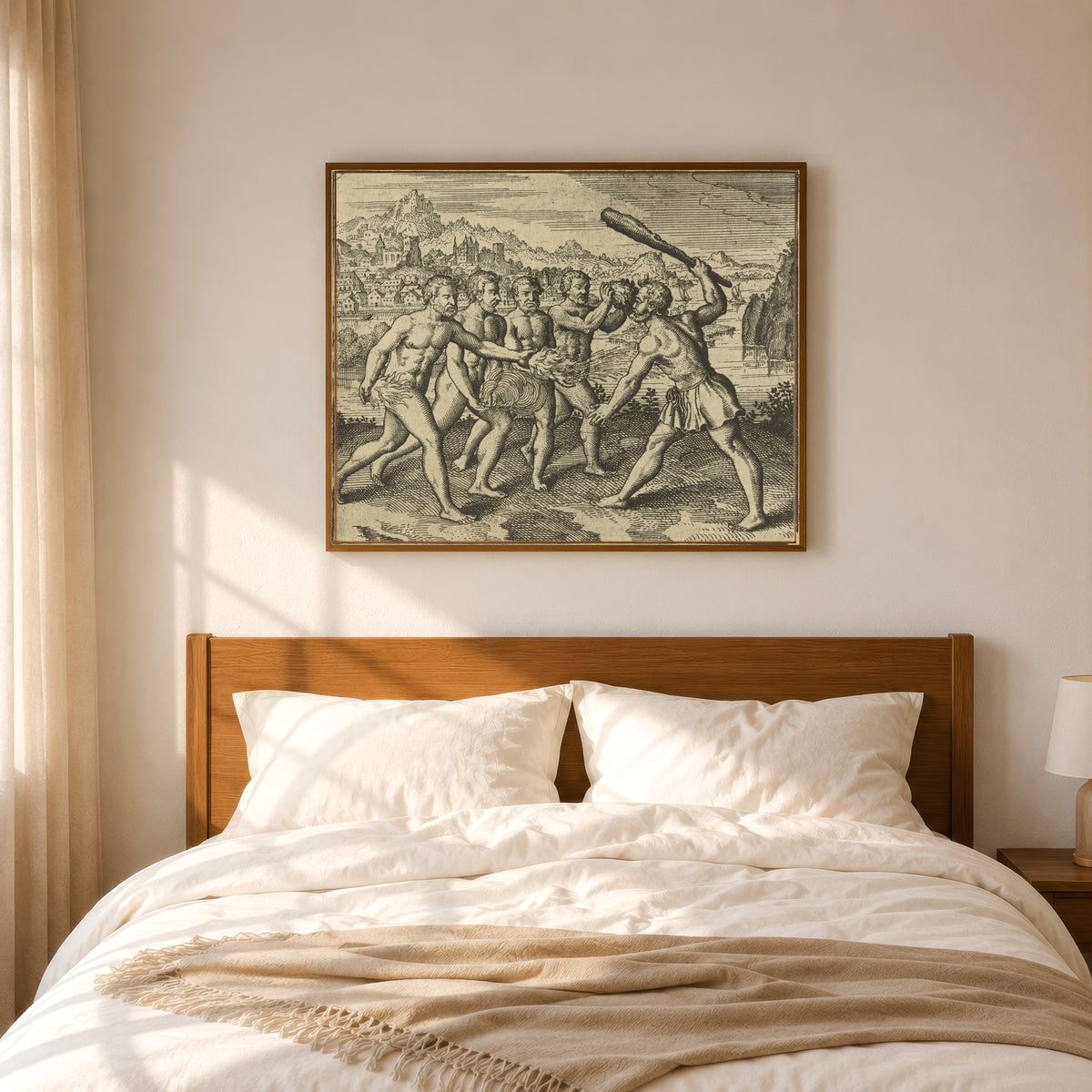 Framed art print of Atalanta Fugiens, Emblem 19: If You Kill One of the Four, Suddenly… by Michael Maier, in a slim wood frame above a bed in a sunlit bedroom