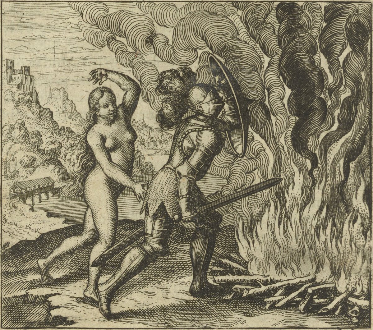 Atalanta Fugiens, Emblem 20: Nature Teaches Nature How to Overcome Fire by Michael Maier — A woman and an armoured knight beside a roaring fire