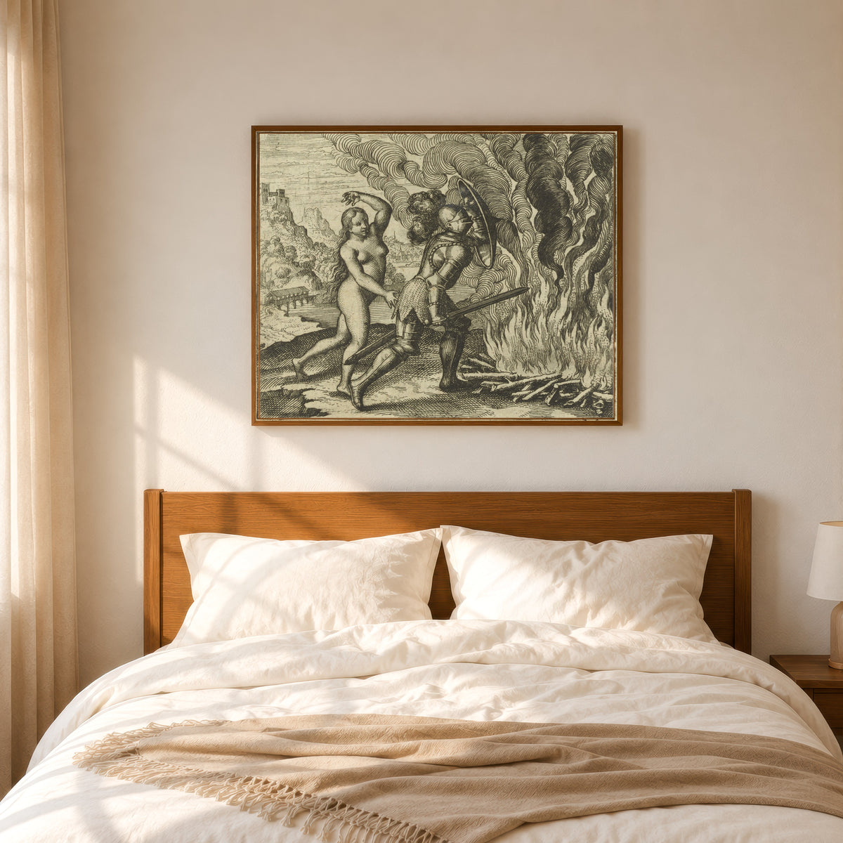 Framed art print of Atalanta Fugiens, Emblem 20: Nature Teaches Nature How to Overcome… by Michael Maier, in a slim wood frame above a bed in a sunlit bedroom