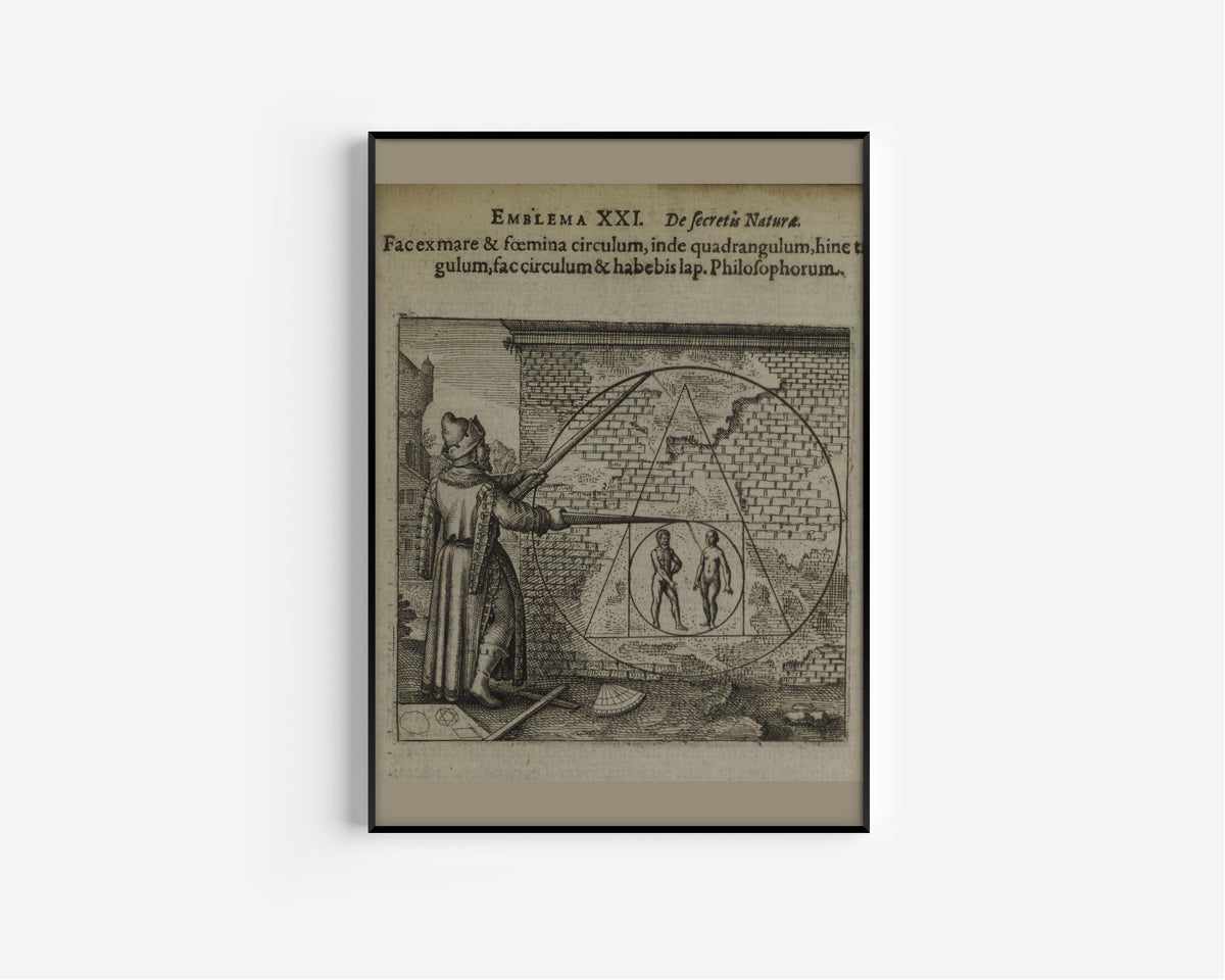 Michael Maier — Atalanta Fugiens, Emblem 21: Make a Circle from Man and Woman | Alchemical Engraving Print