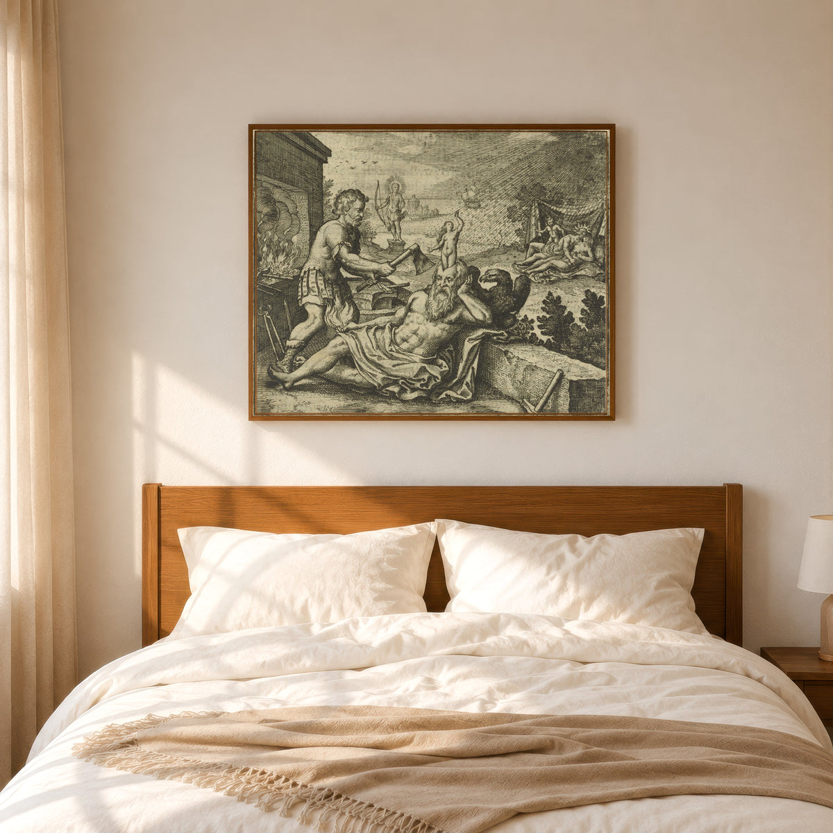 Framed art print of Atalanta Fugiens, Emblem 23: Gold Is Raining as Pallas Is Born on… by Michael Maier, in a slim wood frame above a bed in a sunlit bedroom