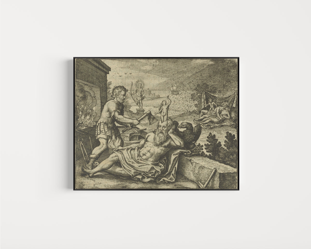 Framed art print of Atalanta Fugiens, Emblem 23: Gold Is Raining as Pallas Is Born on Rhodes by Michael Maier, in a slim black frame on a plain white wall