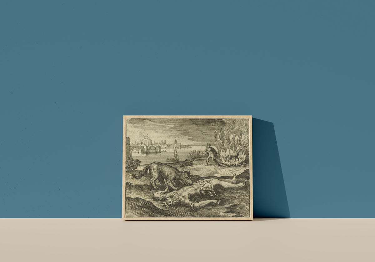 Framed art print of Atalanta Fugiens, Emblem 24: A Wolf Devoured the King, and Being Burnt It… by Michael Maier, in a light wood frame leaning on a blue wall