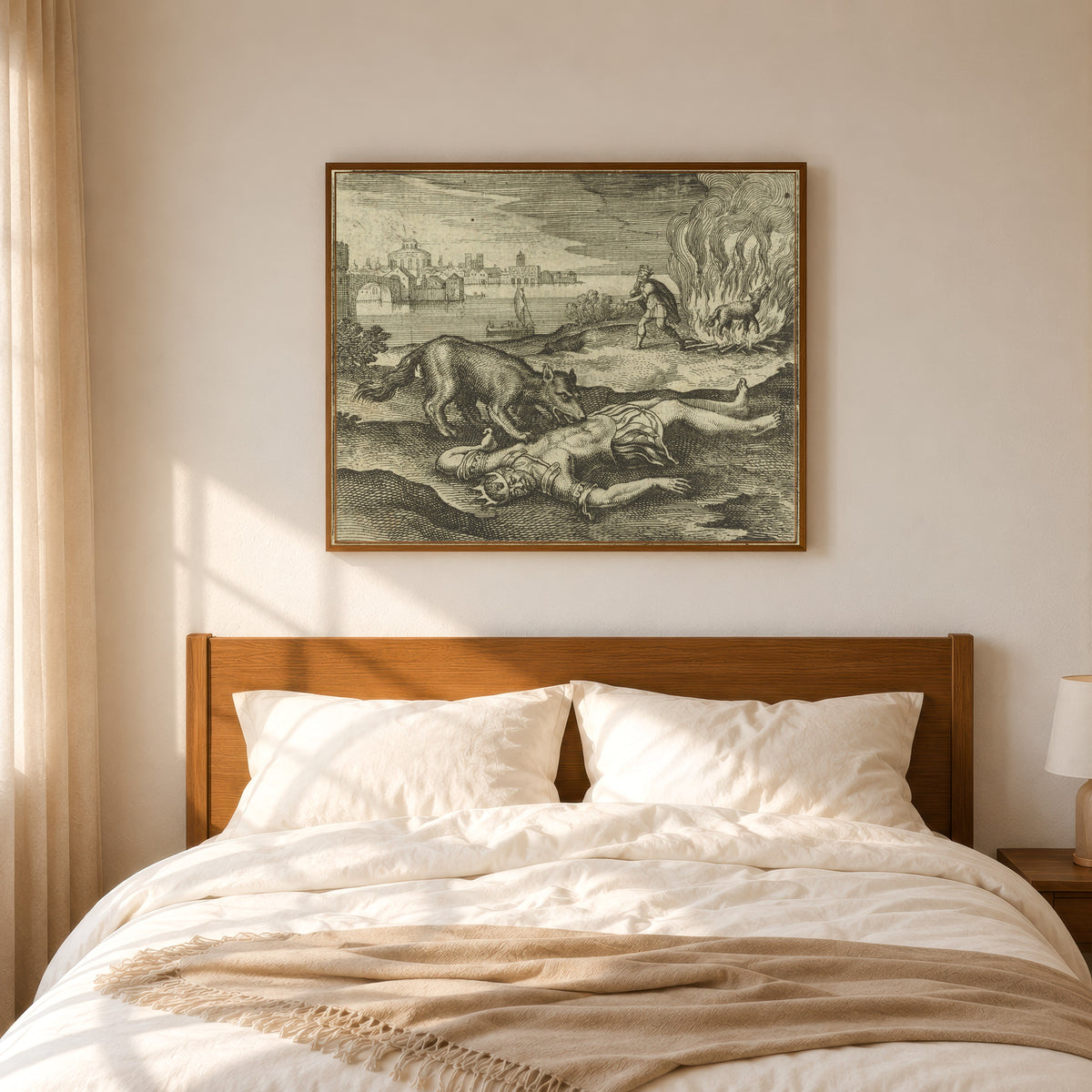 Framed art print of Atalanta Fugiens, Emblem 24: A Wolf Devoured the King, and Being… by Michael Maier, in a slim wood frame above a bed in a sunlit bedroom