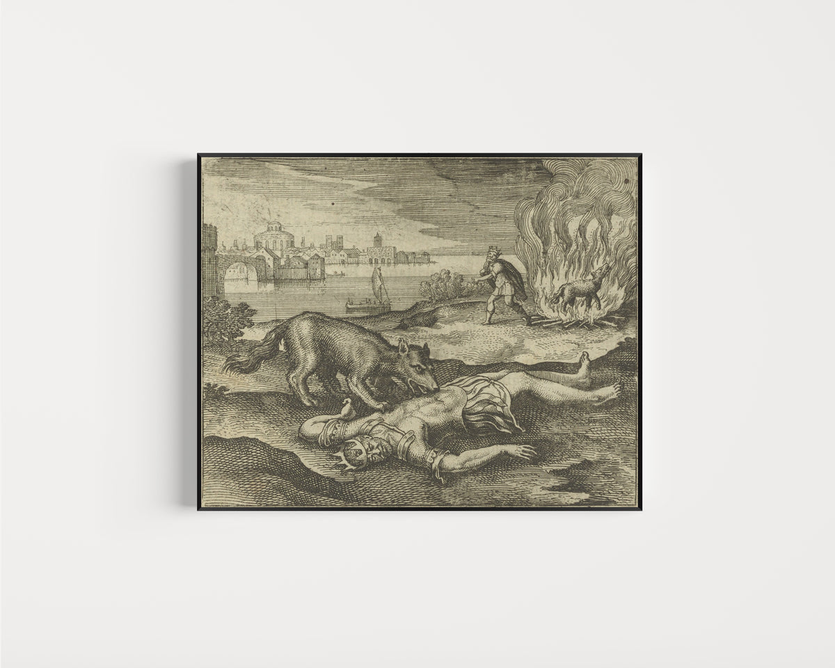Framed art print of Atalanta Fugiens, Emblem 24: A Wolf Devoured the King, and Being Burnt It… by Michael Maier, in a slim black frame on a plain white wall
