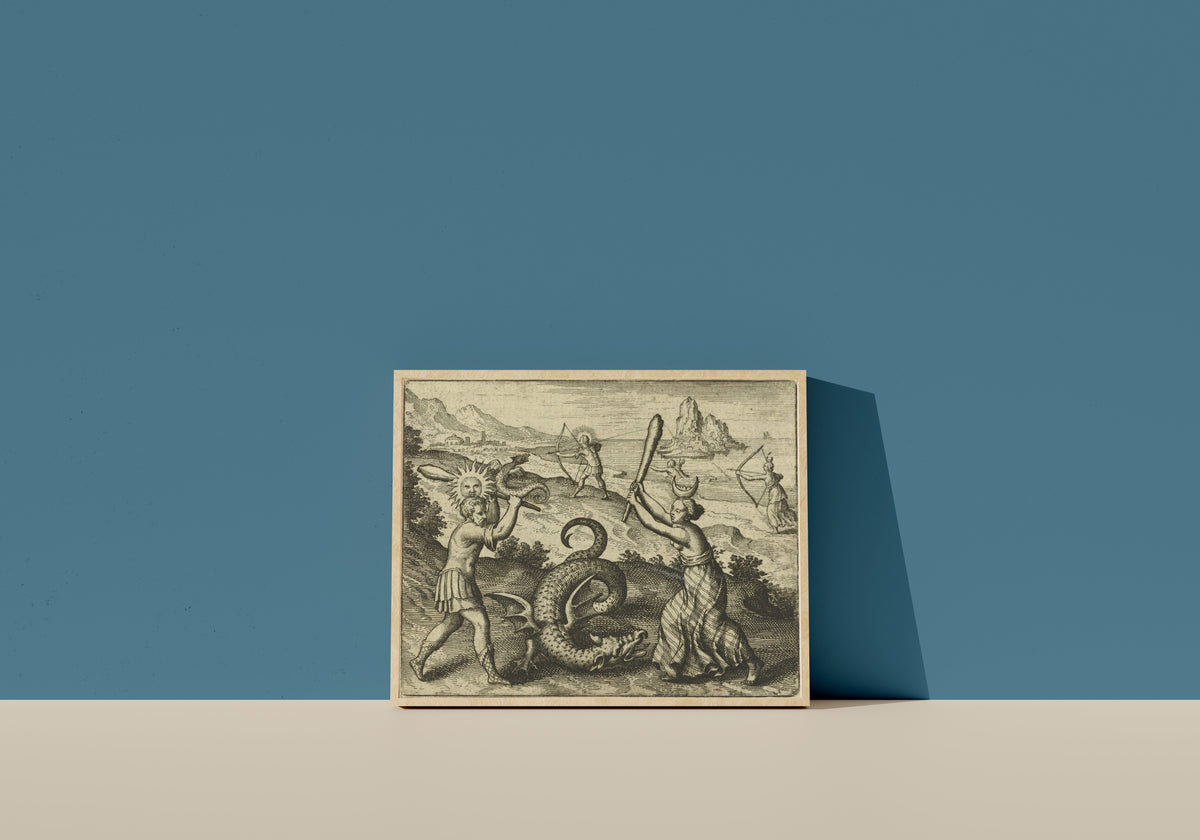 Framed art print of Atalanta Fugiens, Emblem 25: The Dragon Does Not Die Unless Slain by… by Michael Maier, in a light wood frame leaning on a blue wall