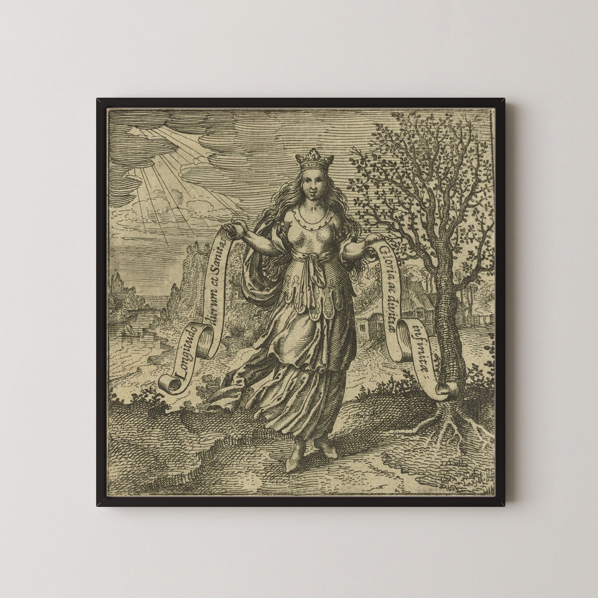 Framed art print of Atalanta Fugiens, Emblem 26: Human Wisdom is the Fruit of the Tree of Life by Michael Maier, in a black frame on a pale wall