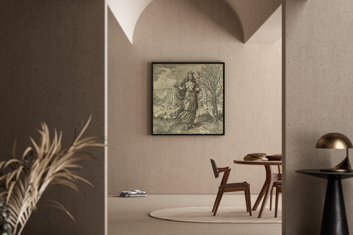 Framed art print of Atalanta Fugiens, Emblem 26: Human Wisdom is the Fruit of the Tree of Life by Michael Maier, in a sunlit dining corner