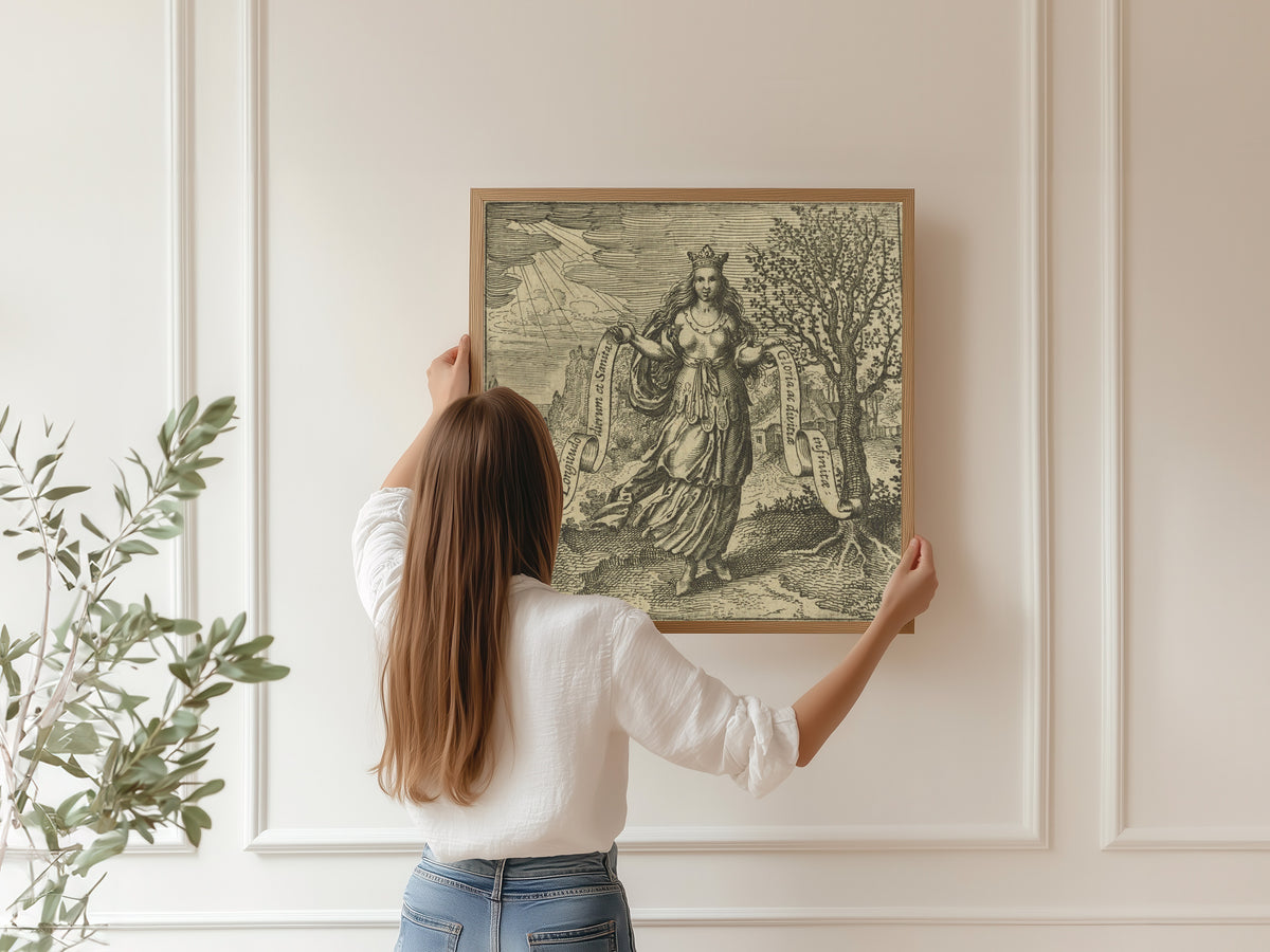 Framed art print of Atalanta Fugiens, Emblem 26: Human Wisdom is the Fruit of the Tree of Life by Michael Maier, hung on a panelled wall