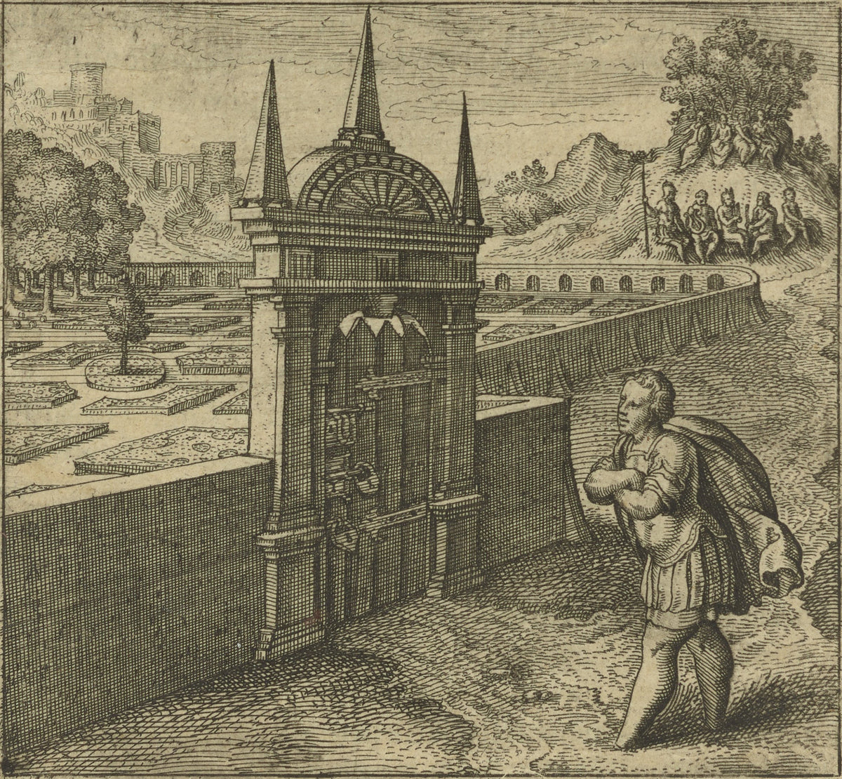 Atalanta Fugiens, Emblem 27: He Who Enters the Philosophic Rosary Without a Key by Michael Maier — A youth with crossed arms stands before a locked garden gate