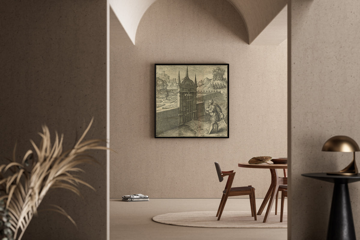Framed art print of Atalanta Fugiens, Emblem 27: He Who Enters the Philosophic Rosary Without a Key by Michael Maier, in a sunlit dining corner