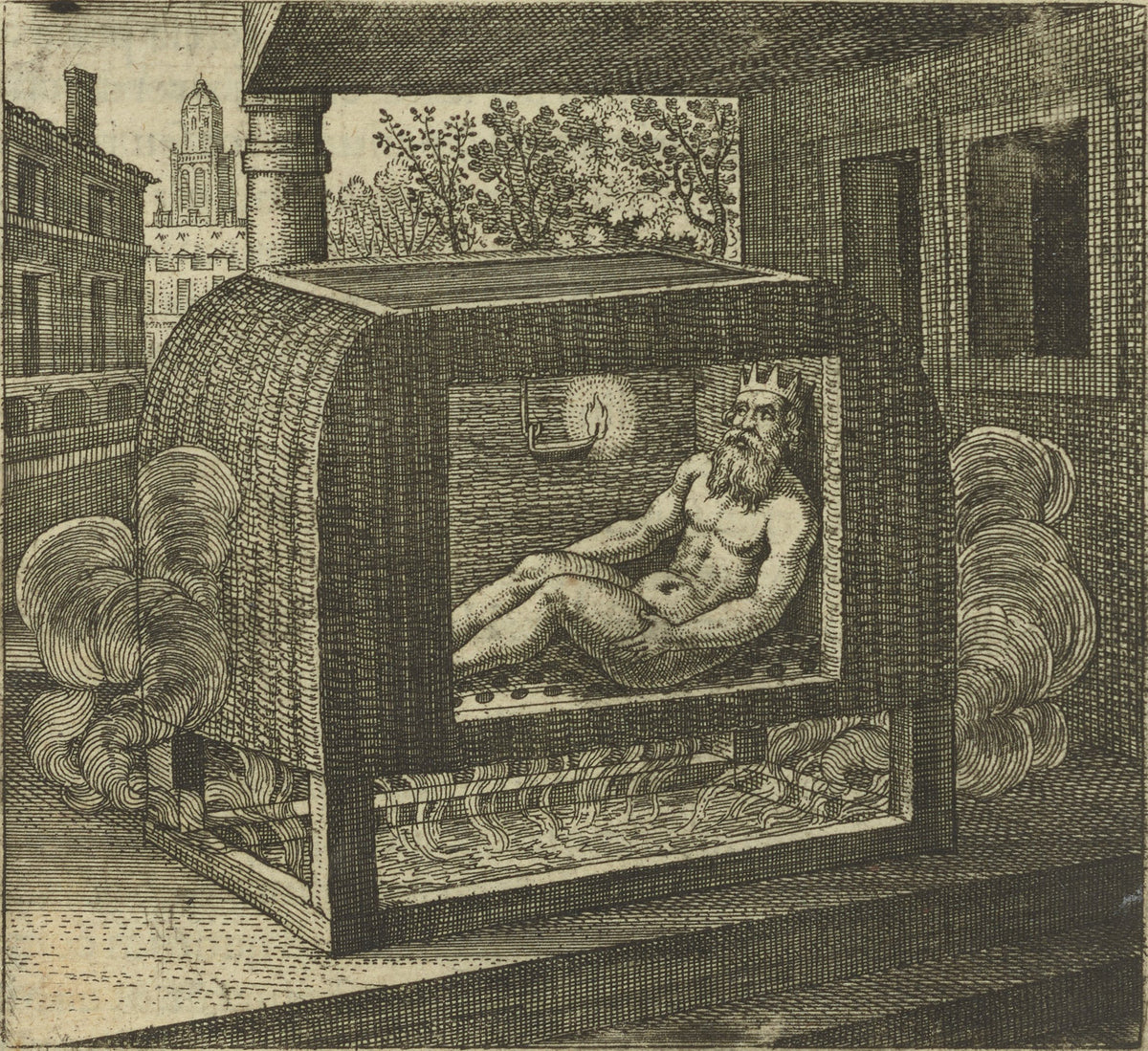 Atalanta Fugiens, Emblem 28: The King Bathes, Sitting in a Steam Bath by Michael Maier — A crowned bearded man reclines in a brick steam chamber