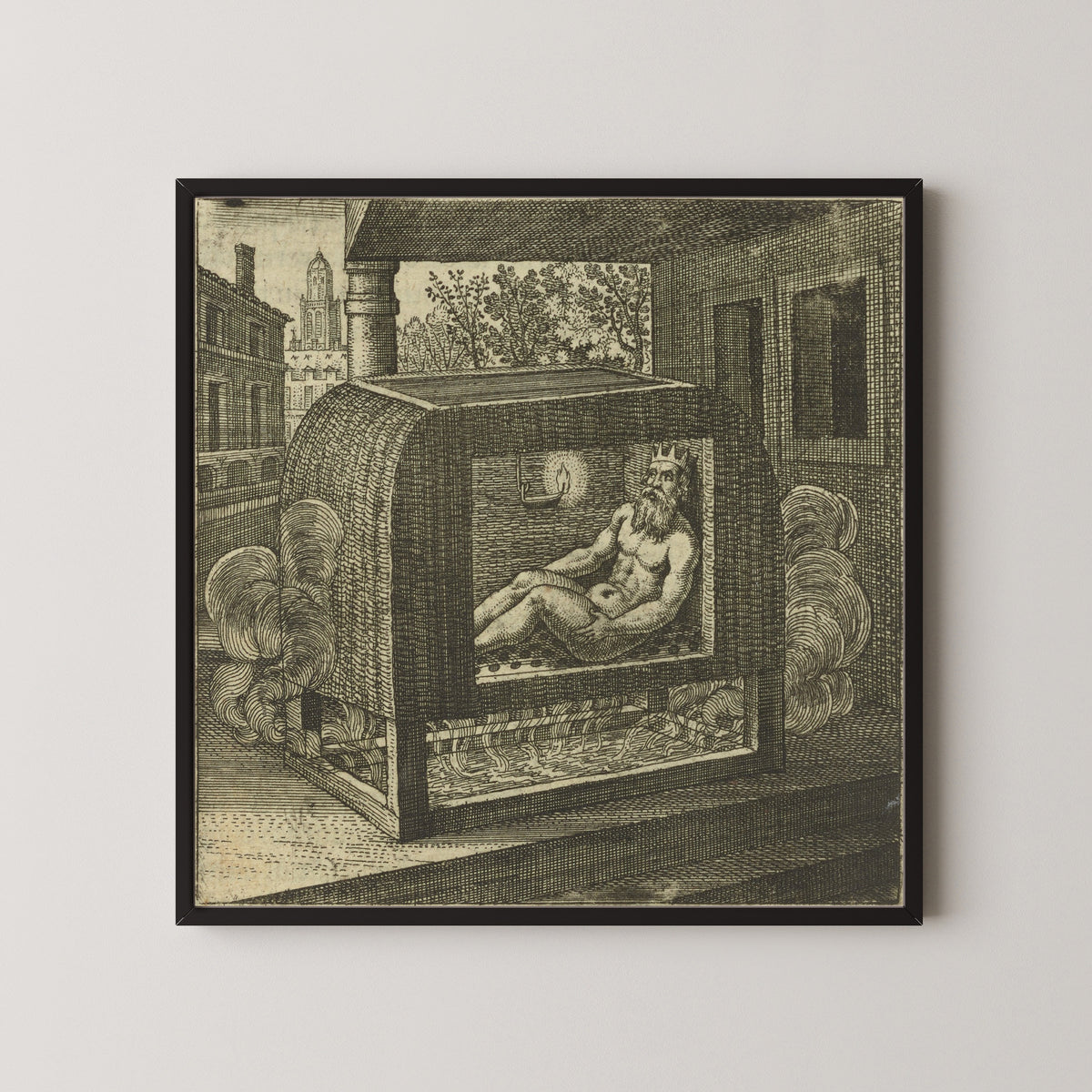 Framed art print of Atalanta Fugiens, Emblem 28: The King Bathes, Sitting in a Steam Bath by Michael Maier, in a black frame on a pale wall
