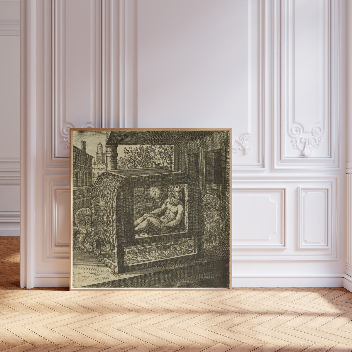 Framed art print of Atalanta Fugiens, Emblem 28: The King Bathes, Sitting in a… by Michael Maier, leaning against pale pink panelling on a herringbone floor