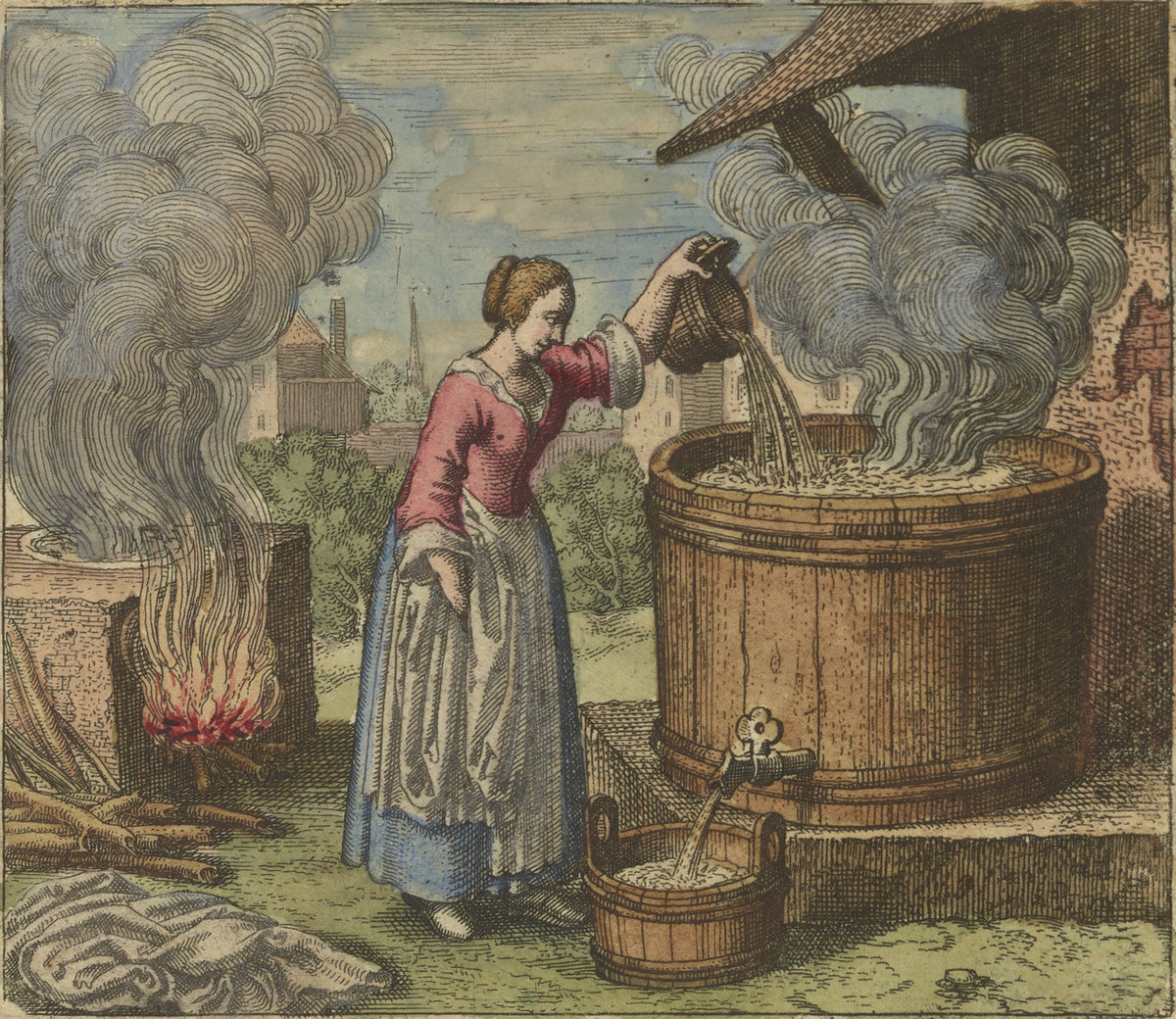 Atalanta Fugiens, Emblem 3: Go to the Woman Who Washes Sheets, and Do Likewise by Michael Maier — A woman pours into a steaming washing tub beside a furnace