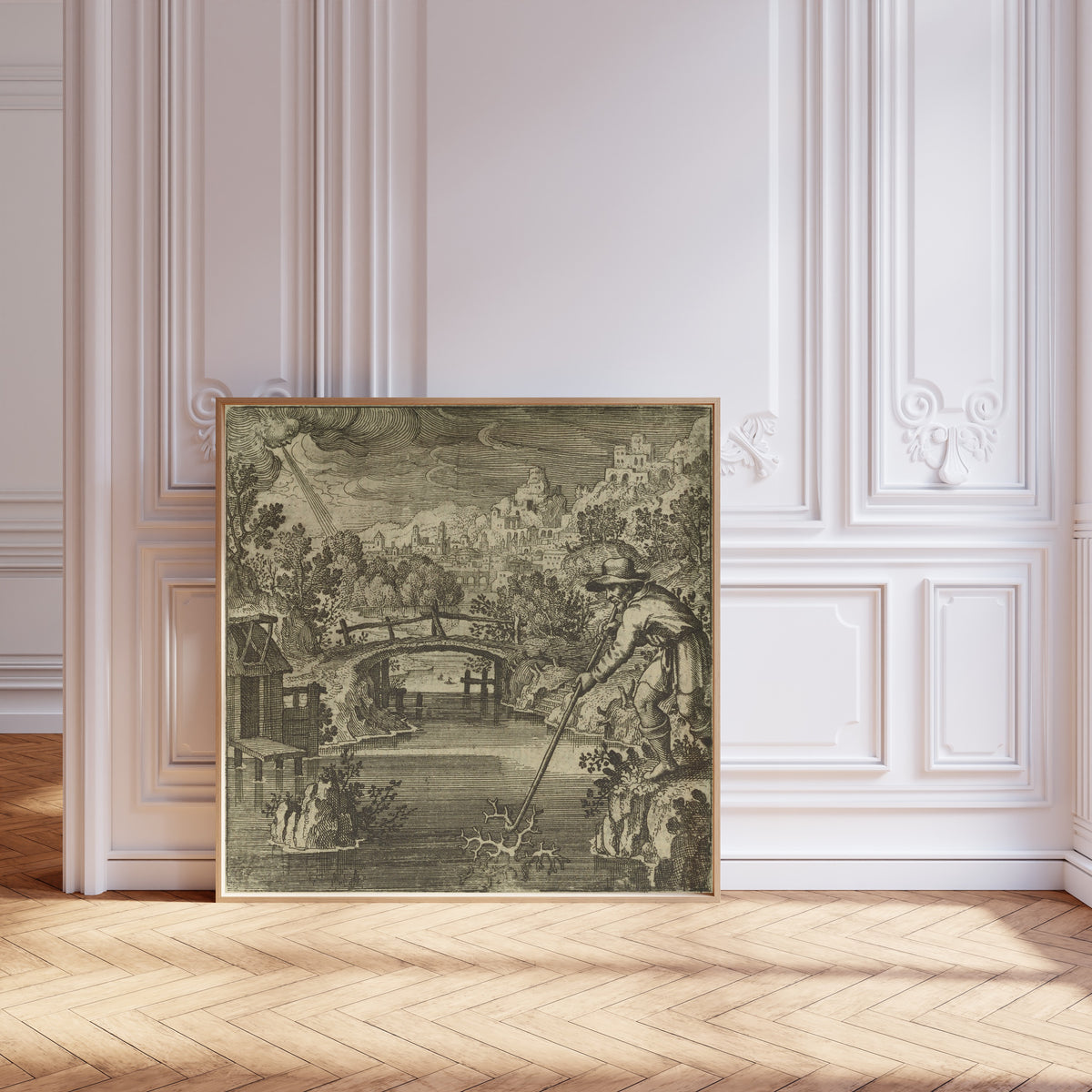 Framed art print of Atalanta Fugiens, Emblem 32: As Coral Grows Under Water and… by Michael Maier, leaning against pale pink panelling on a herringbone floor