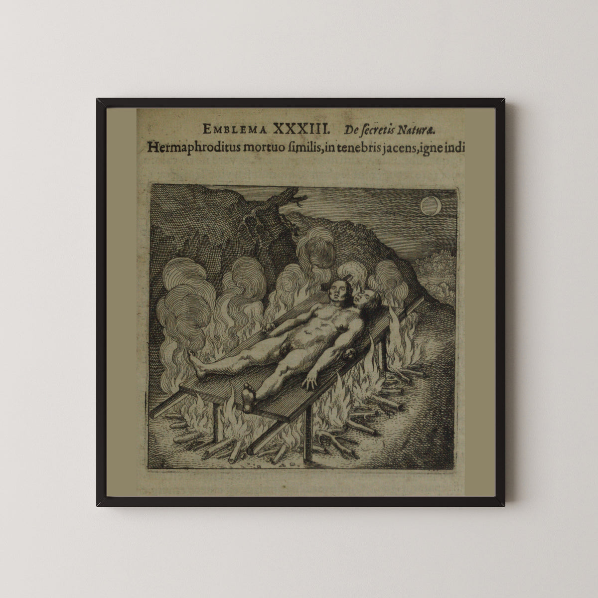 Michael Maier — Atalanta Fugiens, Emblem 33: The Hermaphrodite, Lying Like a Dead Man in Darkness, Needs Fire | Alchemical Engraving Print