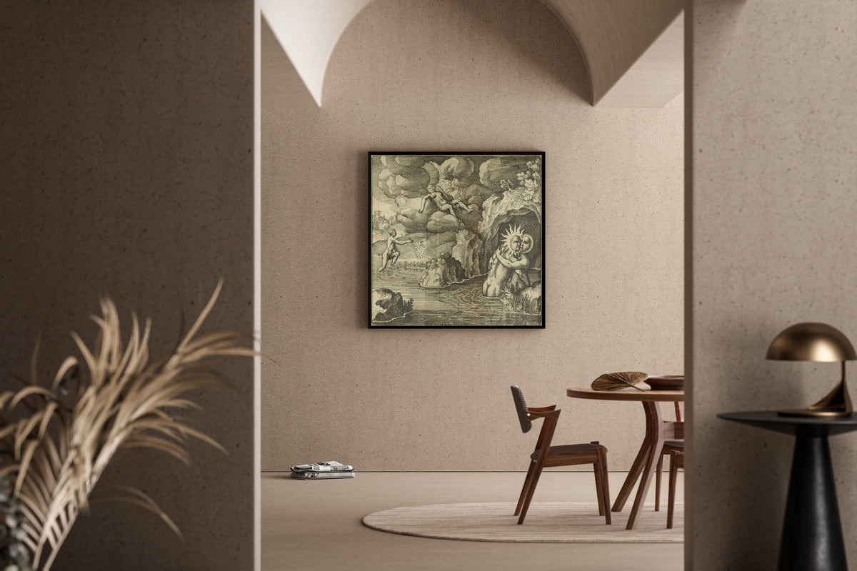Framed art print of Atalanta Fugiens, Emblem 34: He Is Conceived in Baths, Born in the Air by Michael Maier, in a sunlit dining corner