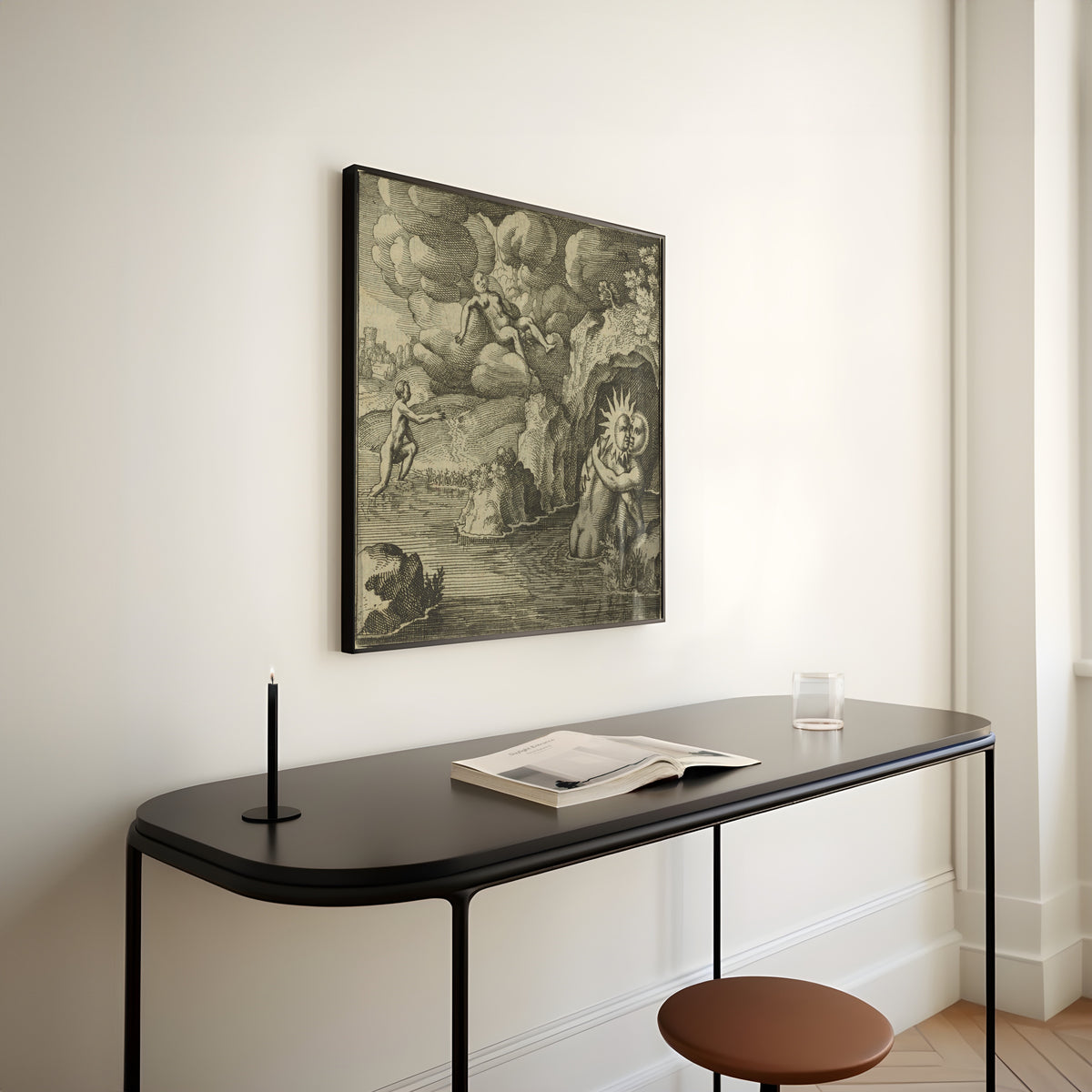 Framed art print of Atalanta Fugiens, Emblem 34: He Is Conceived in Baths, Born in the Air by Michael Maier, above a slim black console table