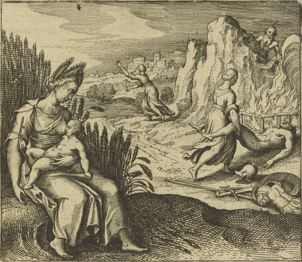 Atalanta Fugiens, Emblem 35: As Ceres Accustomed Triptolemus to Stay in the Fire by Michael Maier — A wheat-crowned woman nurses a child as a fire burns behind