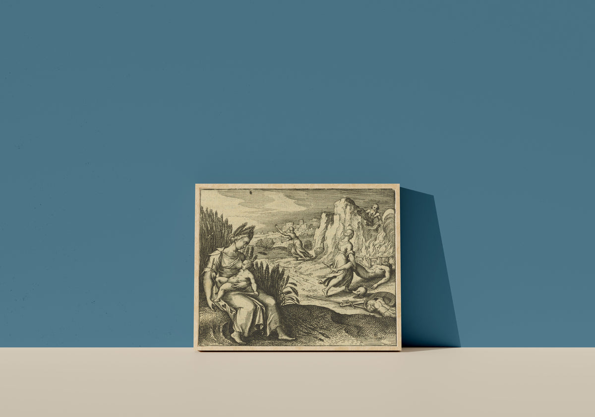 Framed art print of Atalanta Fugiens, Emblem 35: As Ceres Accustomed Triptolemus to Stay in the… by Michael Maier, in a light wood frame leaning on a blue wall