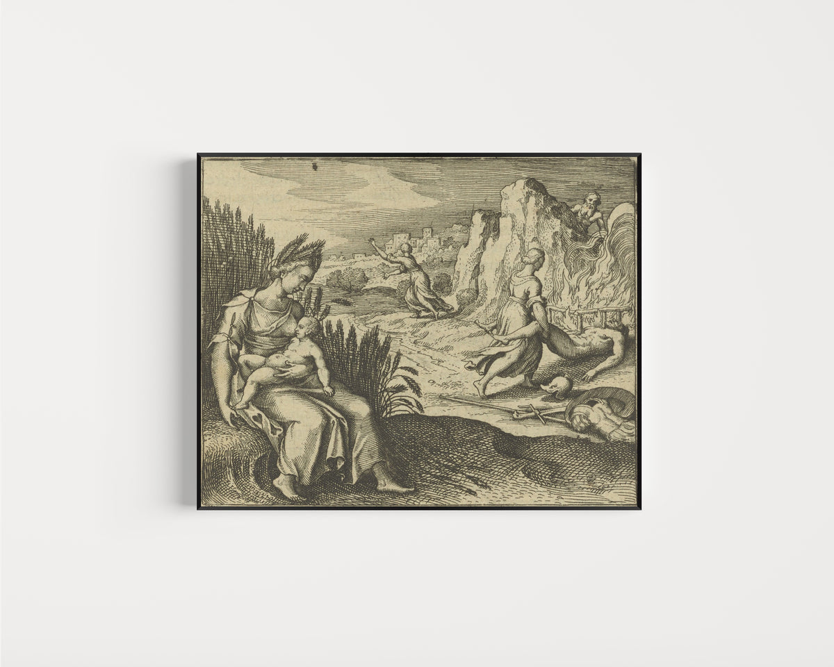Framed art print of Atalanta Fugiens, Emblem 35: As Ceres Accustomed Triptolemus to Stay in the… by Michael Maier, in a slim black frame on a plain white wall