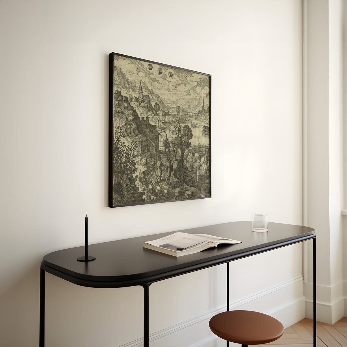 Framed art print of Atalanta Fugiens, Emblem 36: The Stone That Is Mercury Is Cast Upon the Land by Michael Maier, above a slim black console table