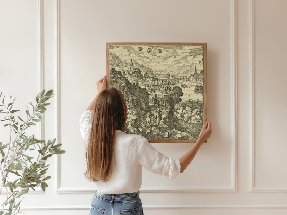 Framed art print of Atalanta Fugiens, Emblem 36: The Stone That Is Mercury Is Cast Upon the Land by Michael Maier, hung on a panelled wall