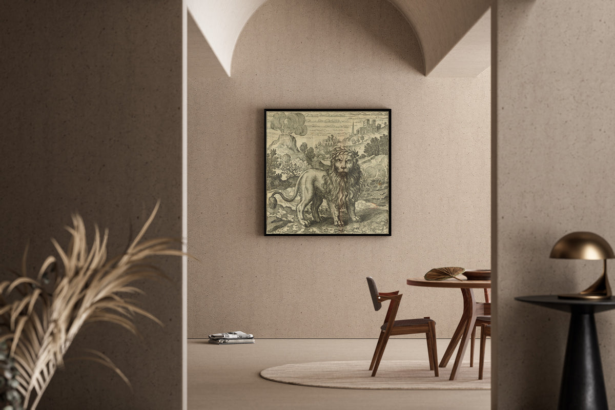 Framed art print of Atalanta Fugiens, Emblem 37: Three Things Are Sufficient For the Magistery by Michael Maier, in a sunlit dining corner