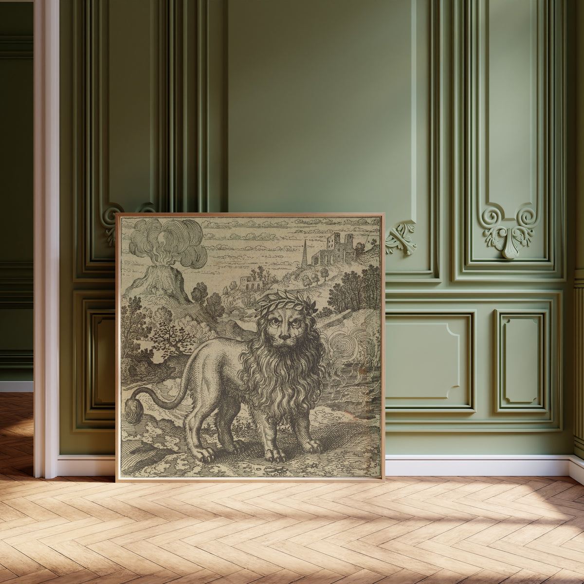 Framed art print of Atalanta Fugiens, Emblem 37: Three Things Are Sufficient… by Michael Maier, leaning against olive-green panelling on a herringbone floor