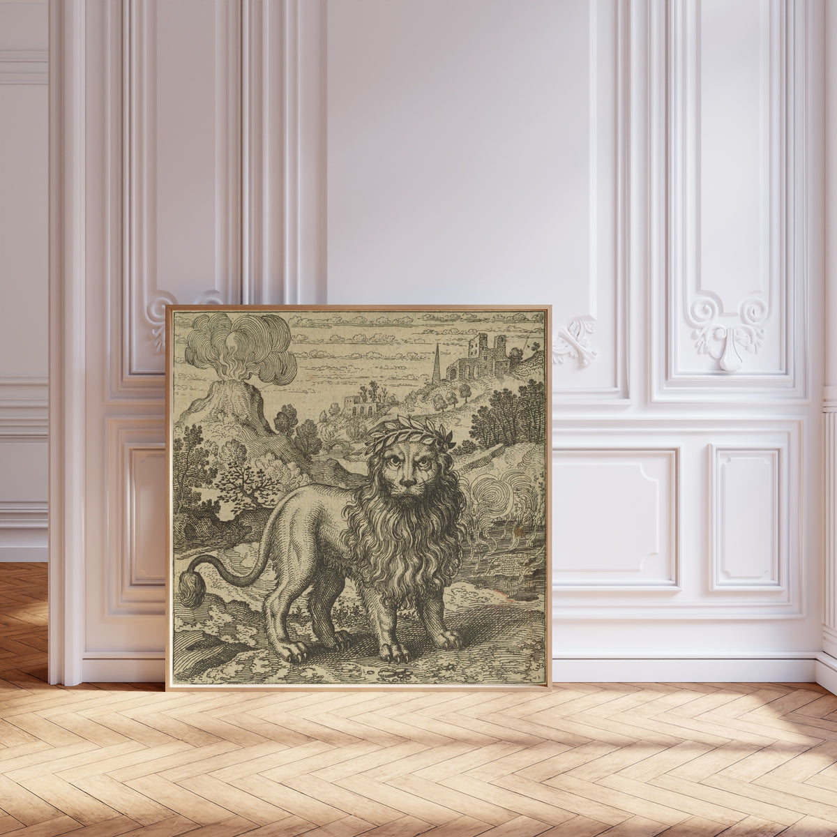 Framed art print of Atalanta Fugiens, Emblem 37: Three Things Are Sufficient For… by Michael Maier, leaning against pale pink panelling on a herringbone floor