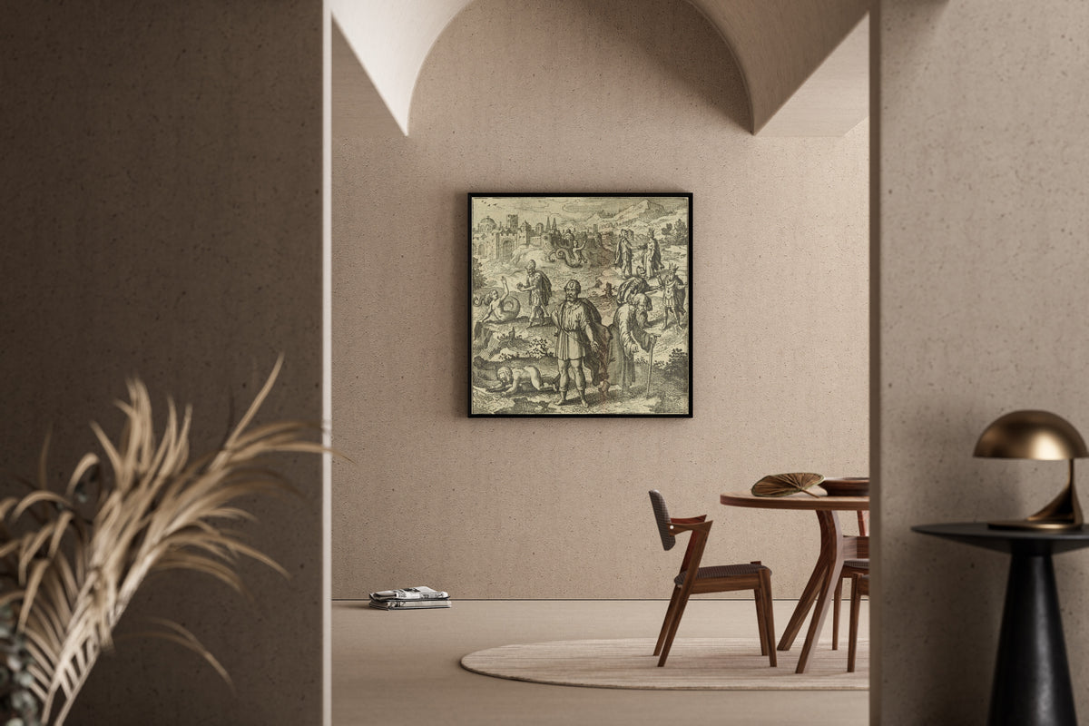 Framed art print of Atalanta Fugiens, Emblem 39: Oedipus, Having Overcome the Sphinx by Michael Maier, in a sunlit dining corner
