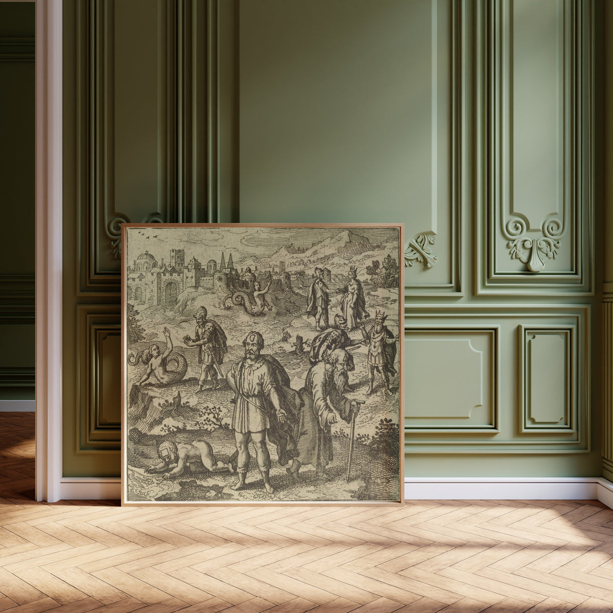Framed art print of Atalanta Fugiens, Emblem 39: Oedipus, Having Overcome the… by Michael Maier, leaning against olive-green panelling on a herringbone floor