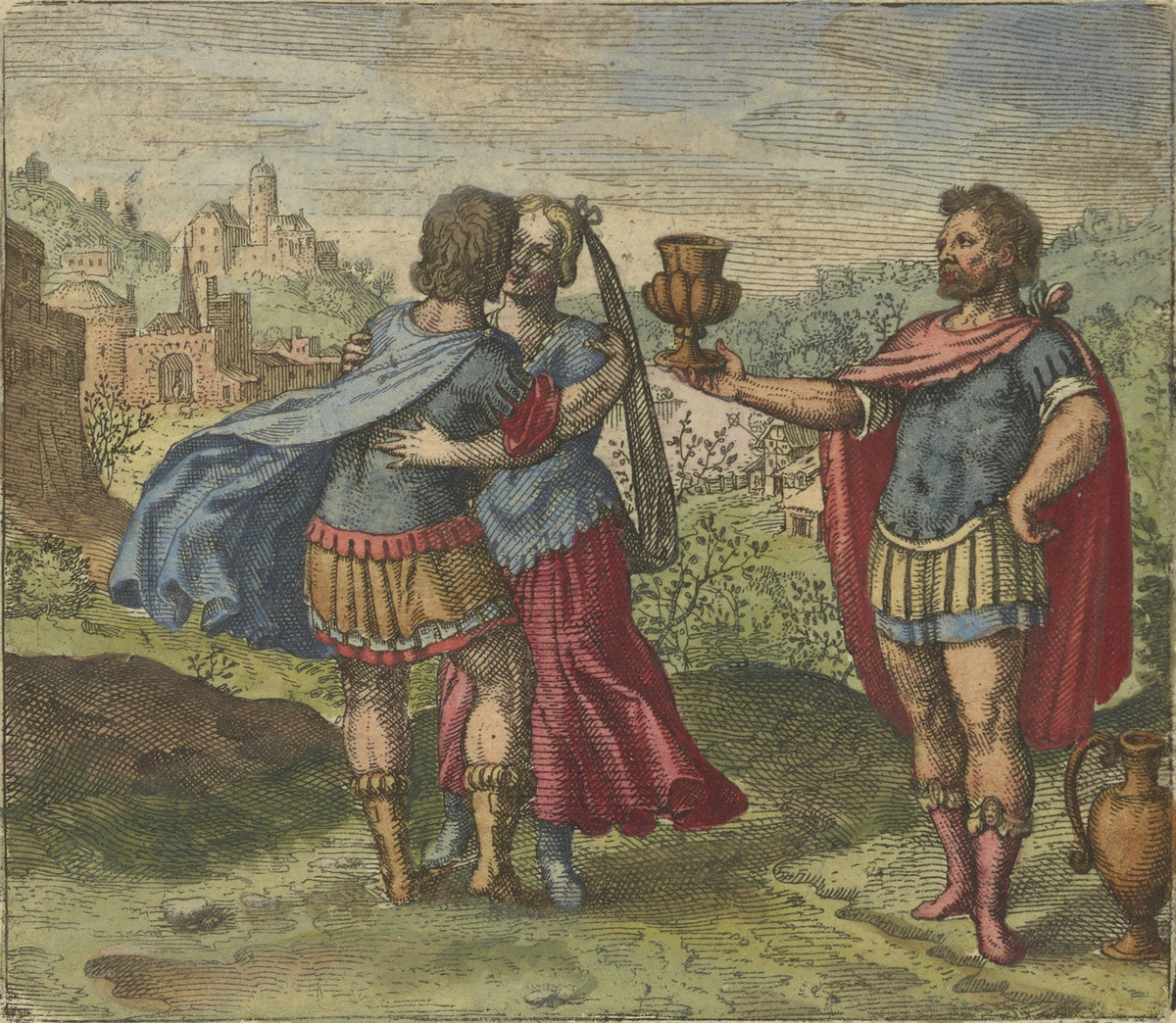 Atalanta Fugiens, Emblem 4: Join Brother and Sister and Hand Them the Cup of Love by Michael Maier — Two figures embrace while a third holds out a cup