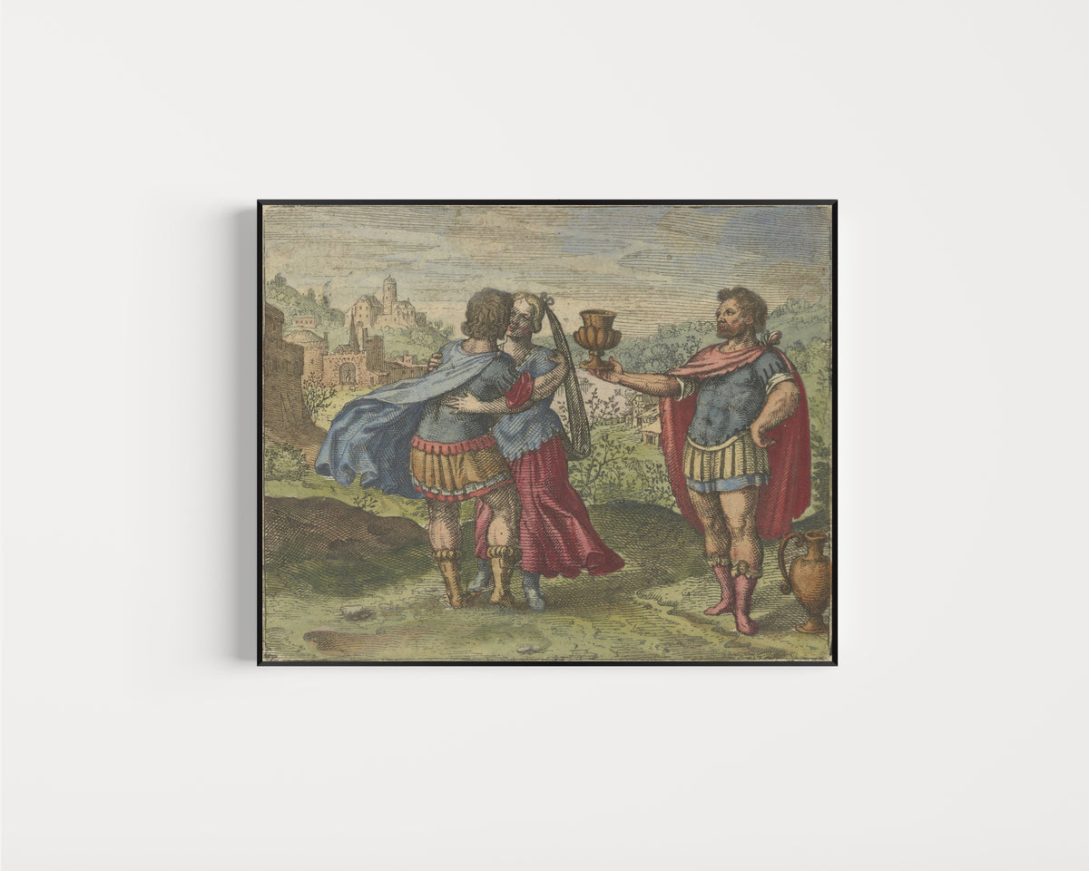 Framed art print of Atalanta Fugiens, Emblem 4: Join Brother and Sister and Hand Them the Cup of… by Michael Maier, in a slim black frame on a plain white wall