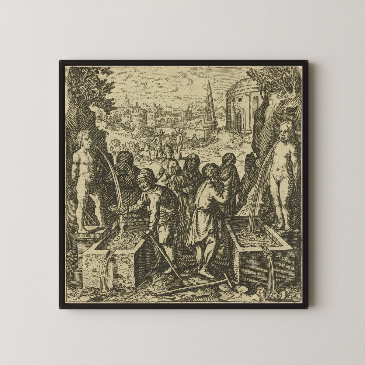Framed art print of Atalanta Fugiens, Emblem 40: From Two Waters Make One, and It Will be the Water of… by Michael Maier, in a black frame on a pale wall