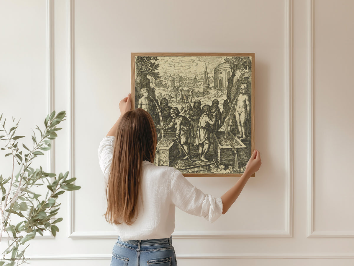 Framed art print of Atalanta Fugiens, Emblem 40: From Two Waters Make One, and It Will be the Water of Holiness by Michael Maier, hung on a panelled wall