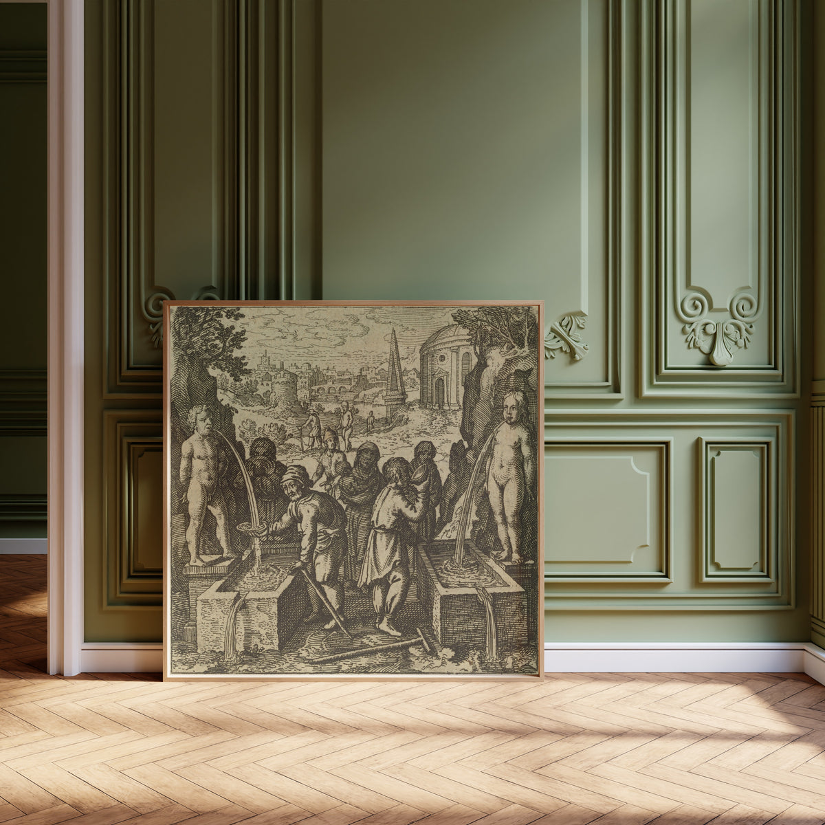 Framed art print of Atalanta Fugiens, Emblem 40: From Two Waters Make One, and… by Michael Maier, leaning against olive-green panelling on a herringbone floor
