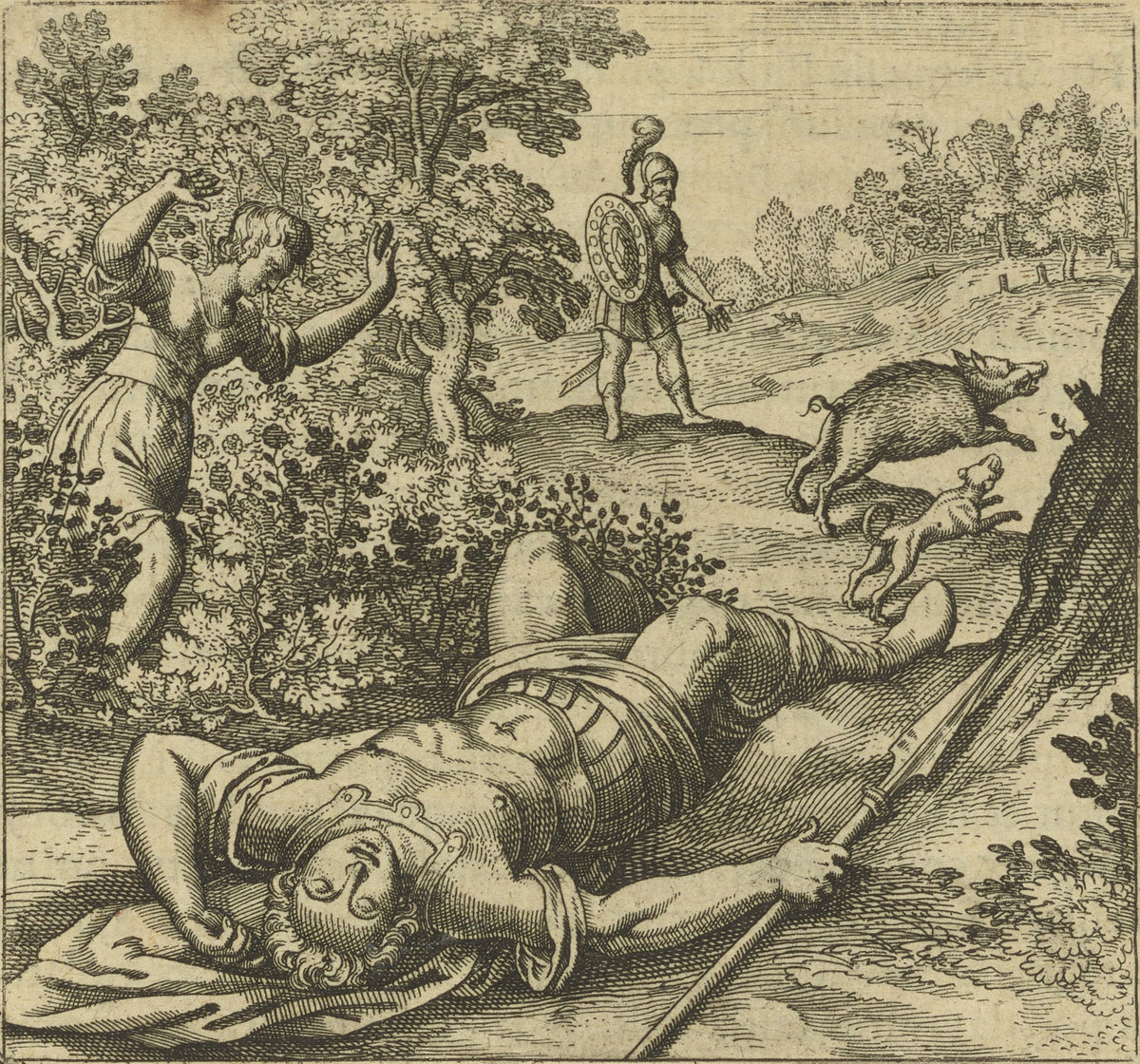 Atalanta Fugiens, Emblem 41: Adonis Is Slain by a Boar by Michael Maier — A fallen soldier, a woman in alarm and a boar bounding off