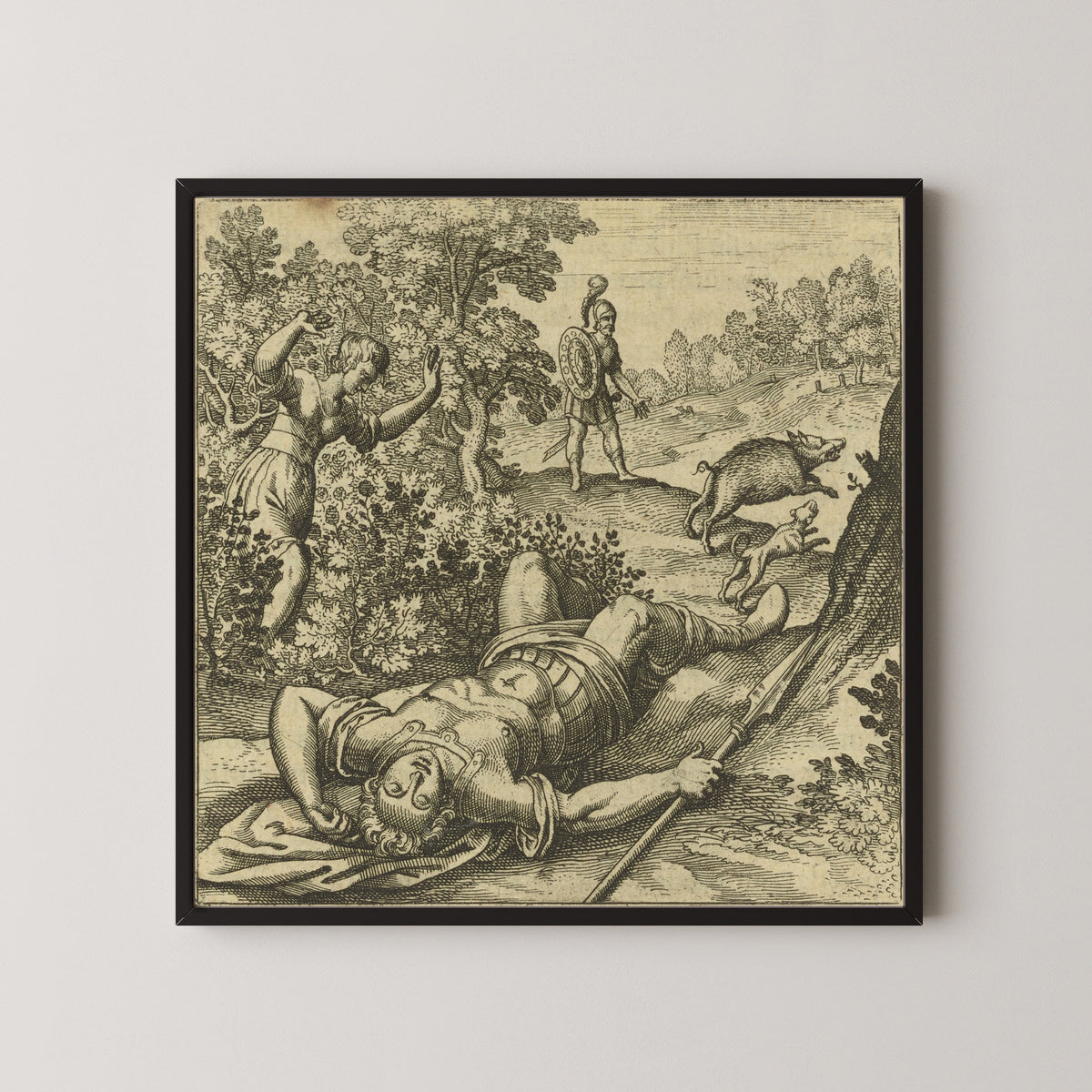 Framed art print of Atalanta Fugiens, Emblem 41: Adonis Is Slain by a Boar by Michael Maier, in a black frame on a pale wall