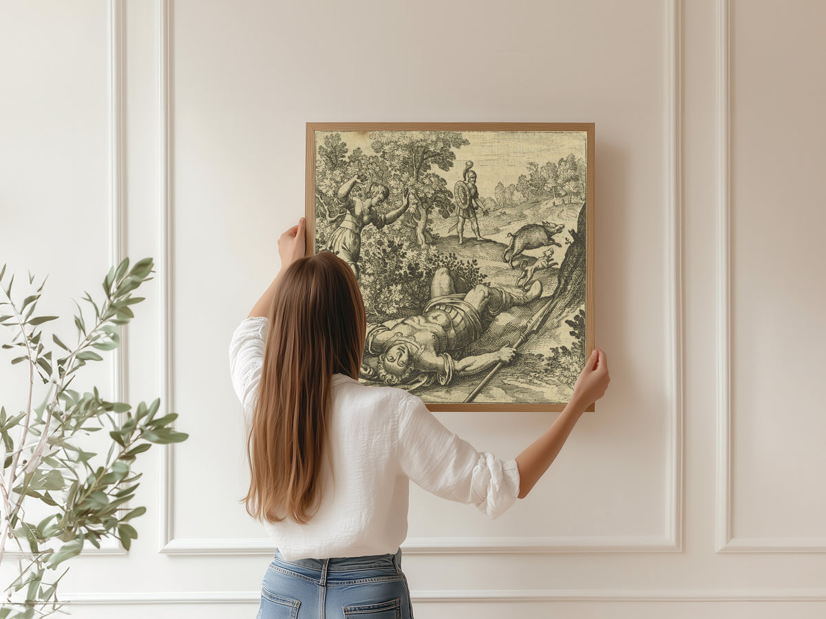 Framed art print of Atalanta Fugiens, Emblem 41: Adonis Is Slain by a Boar by Michael Maier, hung on a panelled wall