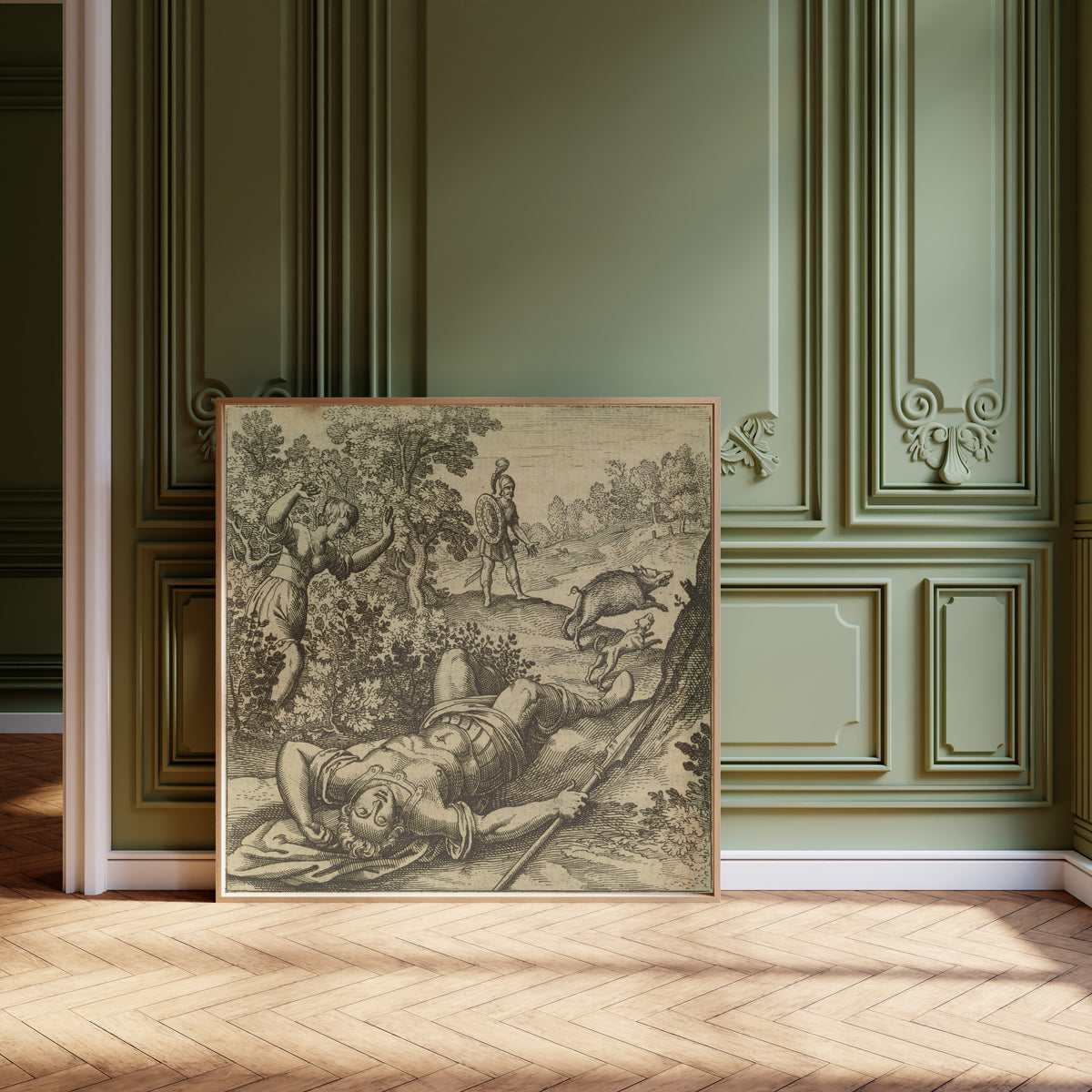 Framed art print of Atalanta Fugiens, Emblem 41: Adonis Is Slain by a Boar by Michael Maier, leaning against olive-green panelling on a herringbone floor