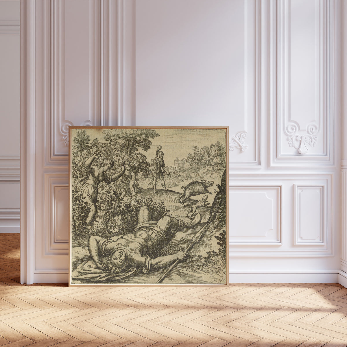 Framed art print of Atalanta Fugiens, Emblem 41: Adonis Is Slain by a Boar by Michael Maier, leaning against pale pink panelling on a herringbone floor