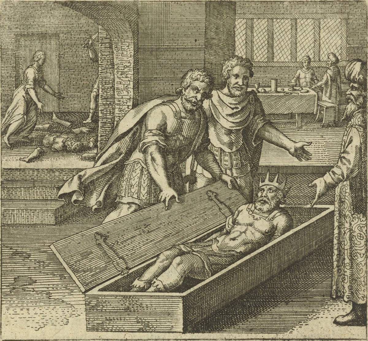 Atalanta Fugiens, Emblem 44: Typhon Kills Osiris by Trickery by Michael Maier — Two men lower a coffin lid over a crowned man