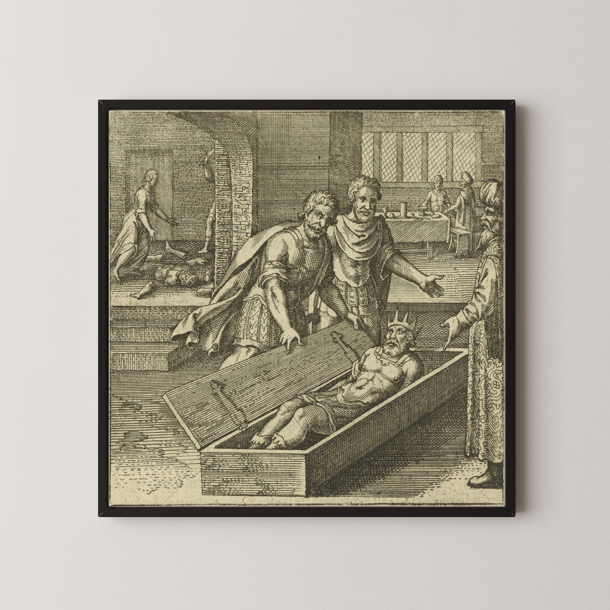 Framed art print of Atalanta Fugiens, Emblem 44: Typhon Kills Osiris by Trickery by Michael Maier, in a black frame on a pale wall