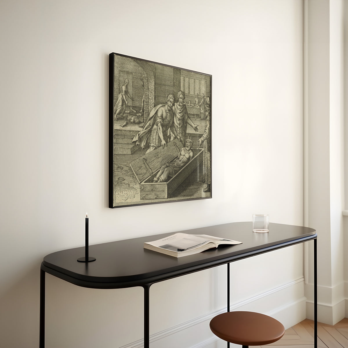 Framed art print of Atalanta Fugiens, Emblem 44: Typhon Kills Osiris by Trickery by Michael Maier, above a slim black console table