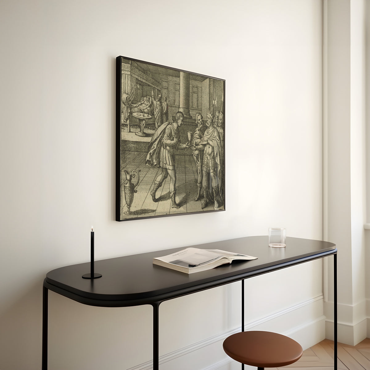 Framed art print of Atalanta Fugiens, Emblem 48: The King, Sick From Drinking the Waters by Michael Maier, above a slim black console table