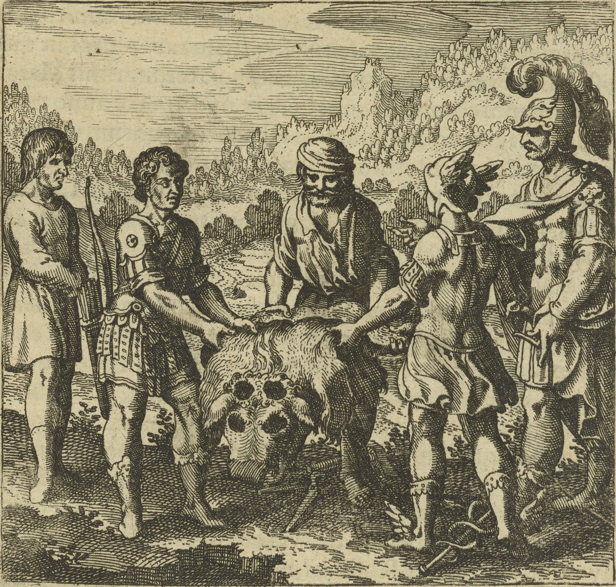 Atalanta Fugiens, Emblem 49: The Philosophic Child Acknowledges Three Fathers, Like Orion by Michael Maier — Five men hold out an animal hide in wooded hills