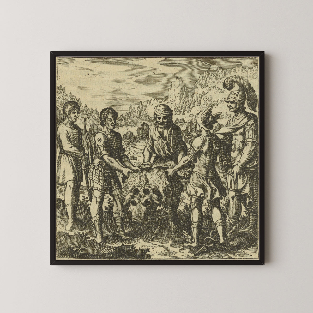 Framed art print of Atalanta Fugiens, Emblem 49: The Philosophic Child Acknowledges Three Fathers, Like Orion by Michael Maier, in a black frame on a pale wall